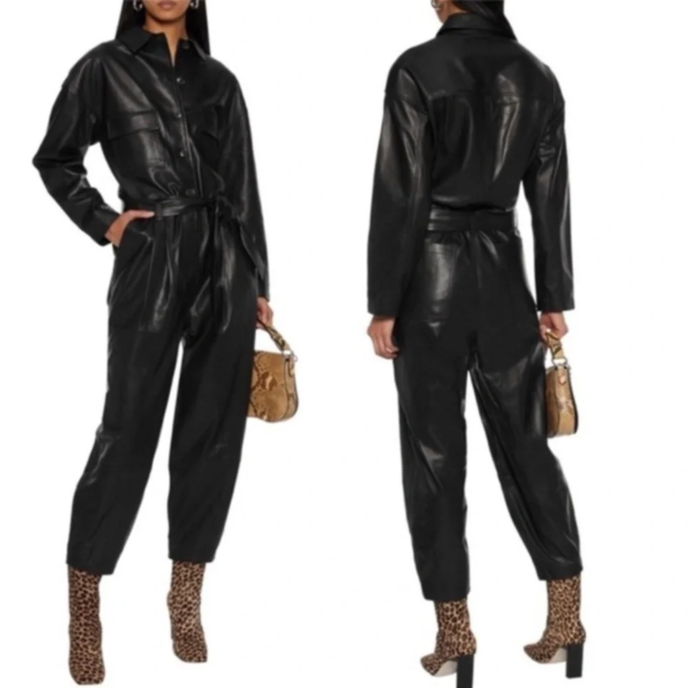 Frame Jumpsuit Belted Lamb Leather in Black